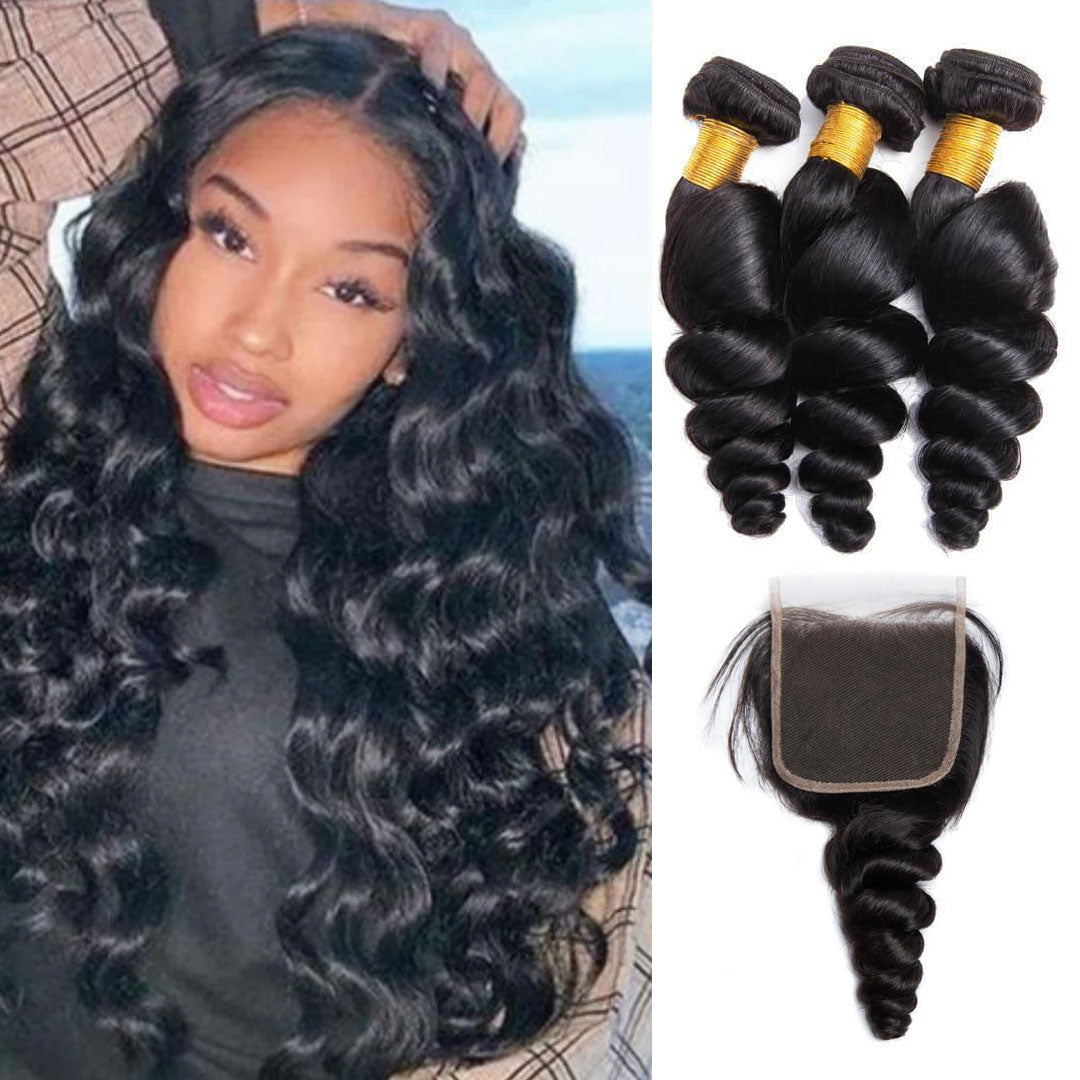 Modern Show 3 Bundles Loose Wave With 4x4 Lace Closure Brazilian Human Hair Bundles