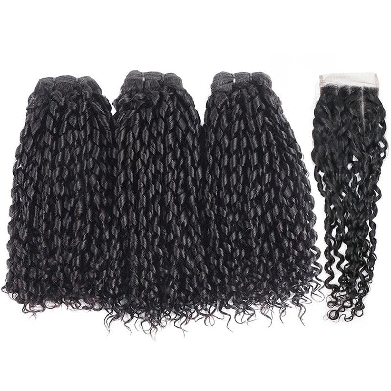Pixie Curly 4x4 Lace Closure with 3 Curly Bundles 100% Human Hair