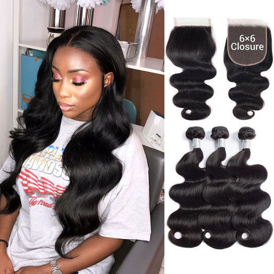Peruvian Body Wave Hair 3 Bundles With 6X6 Lace Closure