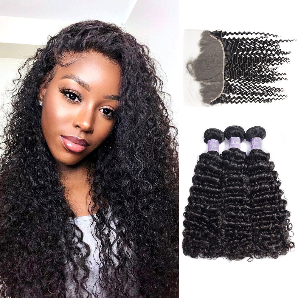 Peruvian Curly Hair 3 Bundles With 13X6 Lace Closure