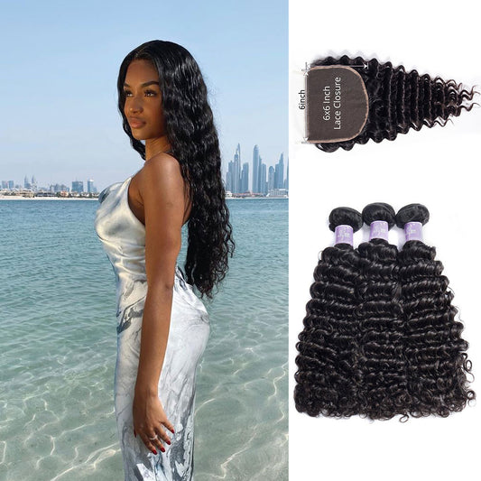 Peruvian Curly Hair 3 Bundles With 6X6 Lace Closure