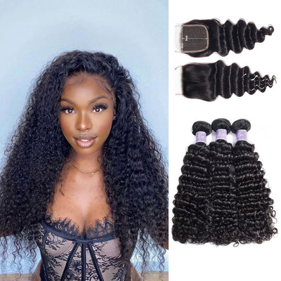 Peruvian Deep Curly Hair 3 Bundles With 5X5 Lace Closure