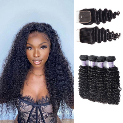 Peruvian Deep Curly Hair 4 Bundles With 5X5 Lace Closure