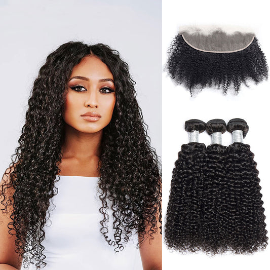 Peruvian Kinky Curly Hair 3 Bundles With 13X6 Lace Closure