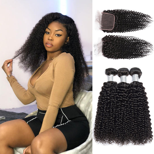 Peruvian Kinky Curly Hair 3 Bundles With 6X6 Lace Closure