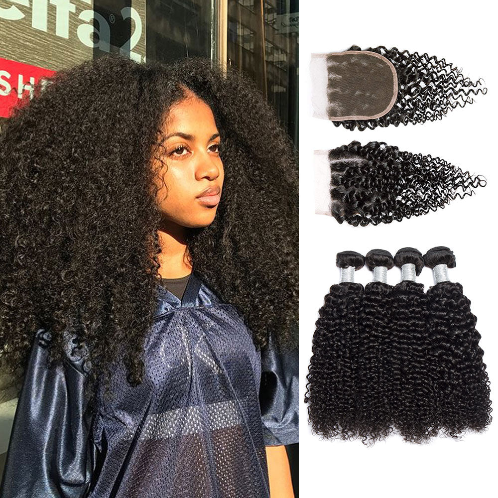 Peruvian Kinky Curly Hair 4 Bundles With 5X5 Lace Closure