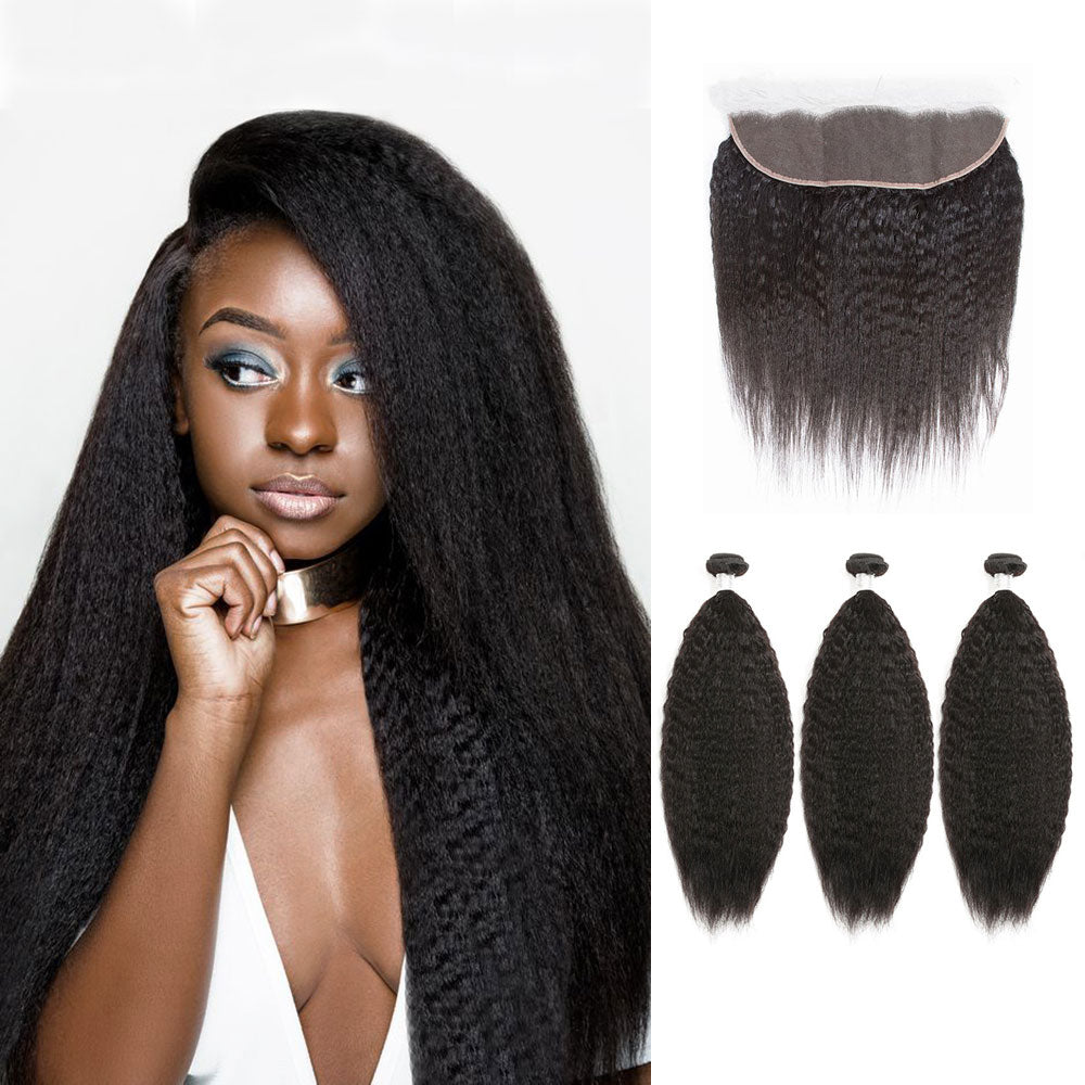 Peruvian Kinky Straight Hair 3 Bundles With 13X6 Lace Closure