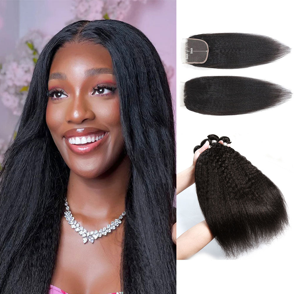 Peruvian Kinky Straight Hair 4 Bundles With 5X5 Lace Closure