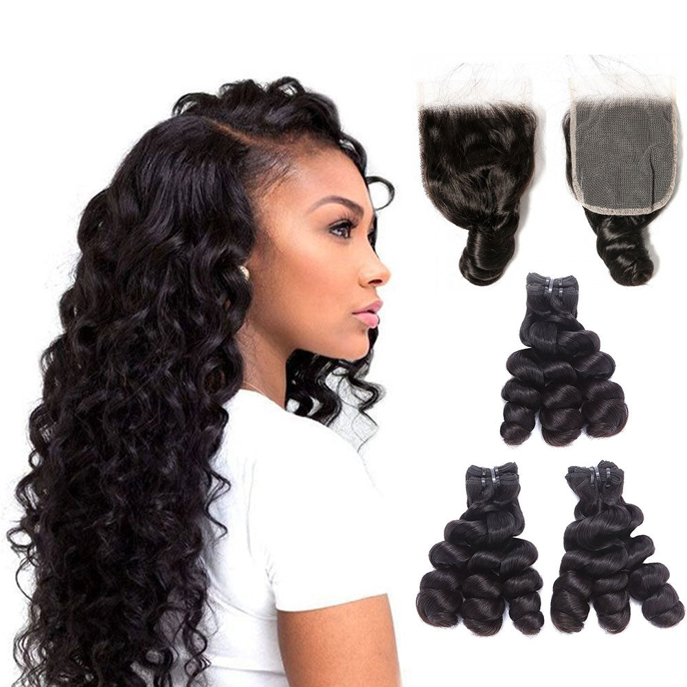 Peruvian Loose Wave Hair 3 Bundles With 6X6 Lace Closure