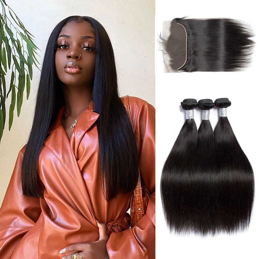 Peruvian Straight Hair 3 Bundles With 13X6 Lace Closure