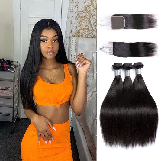 Peruvian Straight Hair 3 Bundles With 5X5 Lace Closure