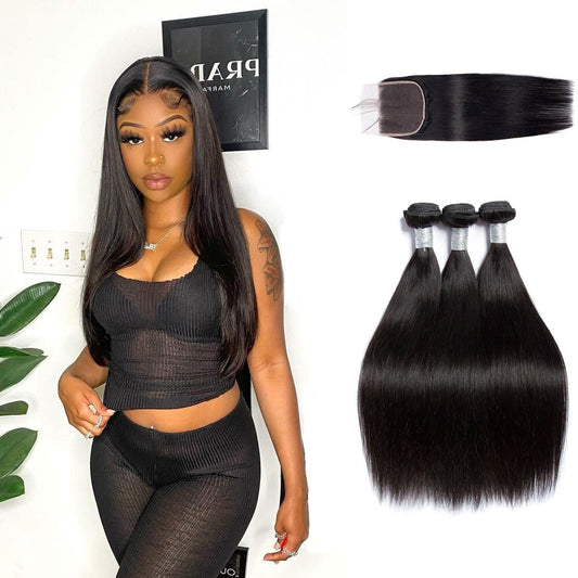 Peruvian Straight Hair 3 Bundles With 6X6 Lace Closure