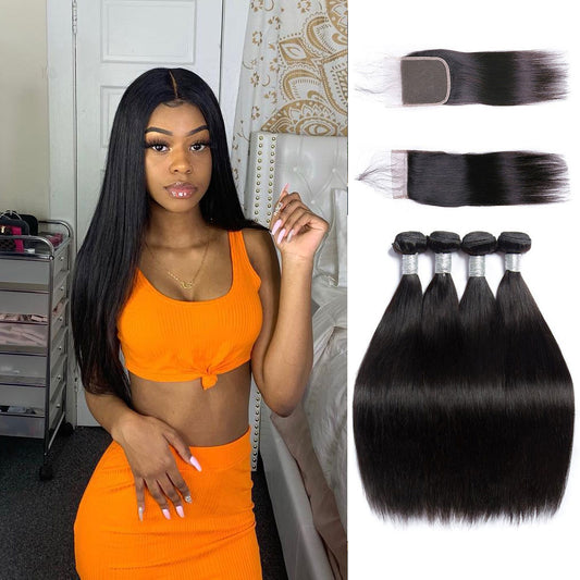 Peruvian Straight Hair 4 Bundles With 5X5 Lace Closure