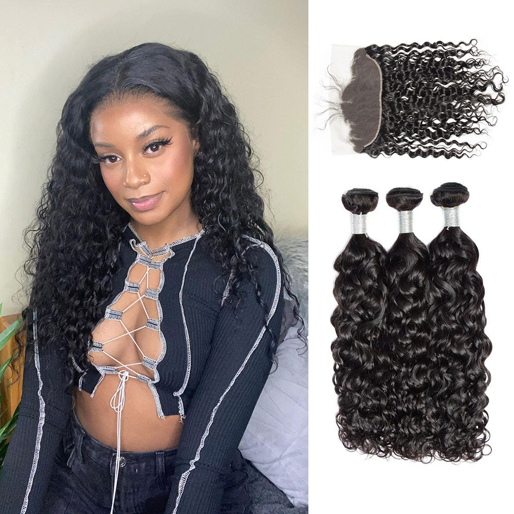 Peruvian Water Wave Hair 3 Bundles With 13X6 Lace Closure
