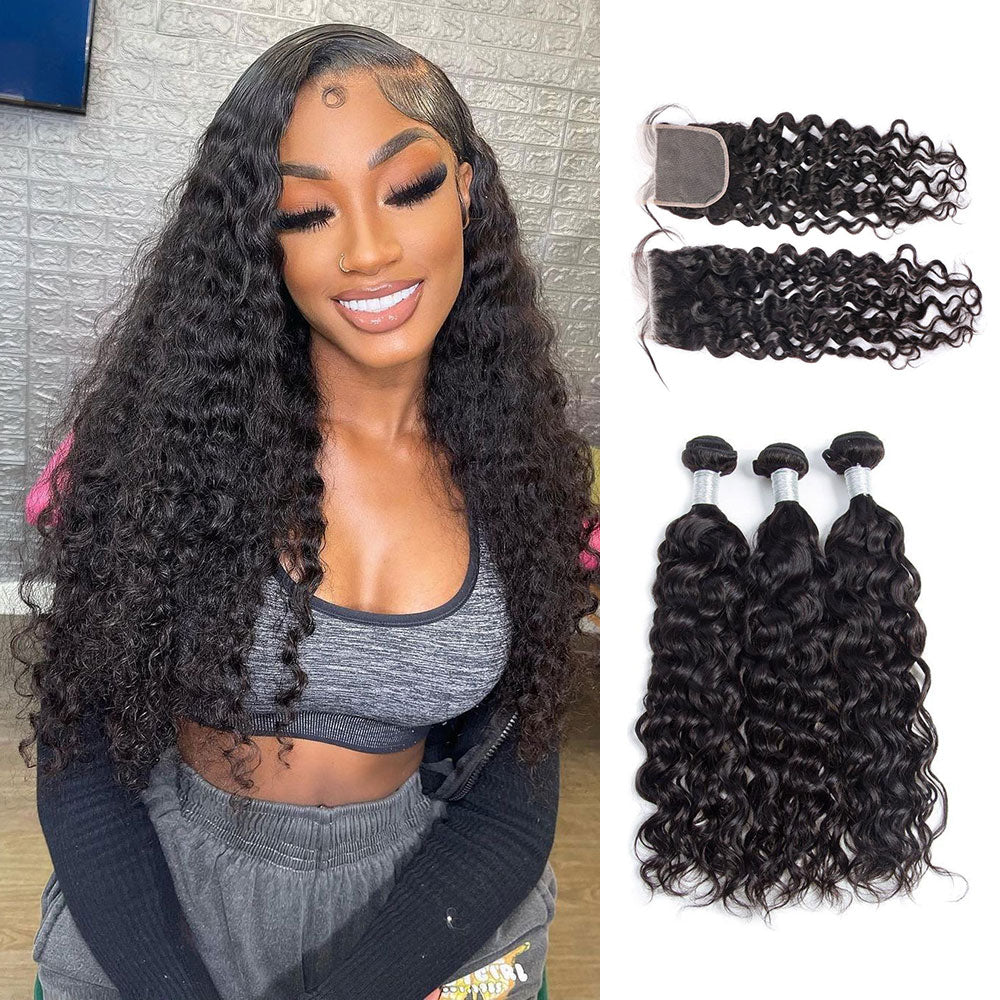 Peruvian Water Wave Hair 3 Bundles With 5X5 Lace Closure