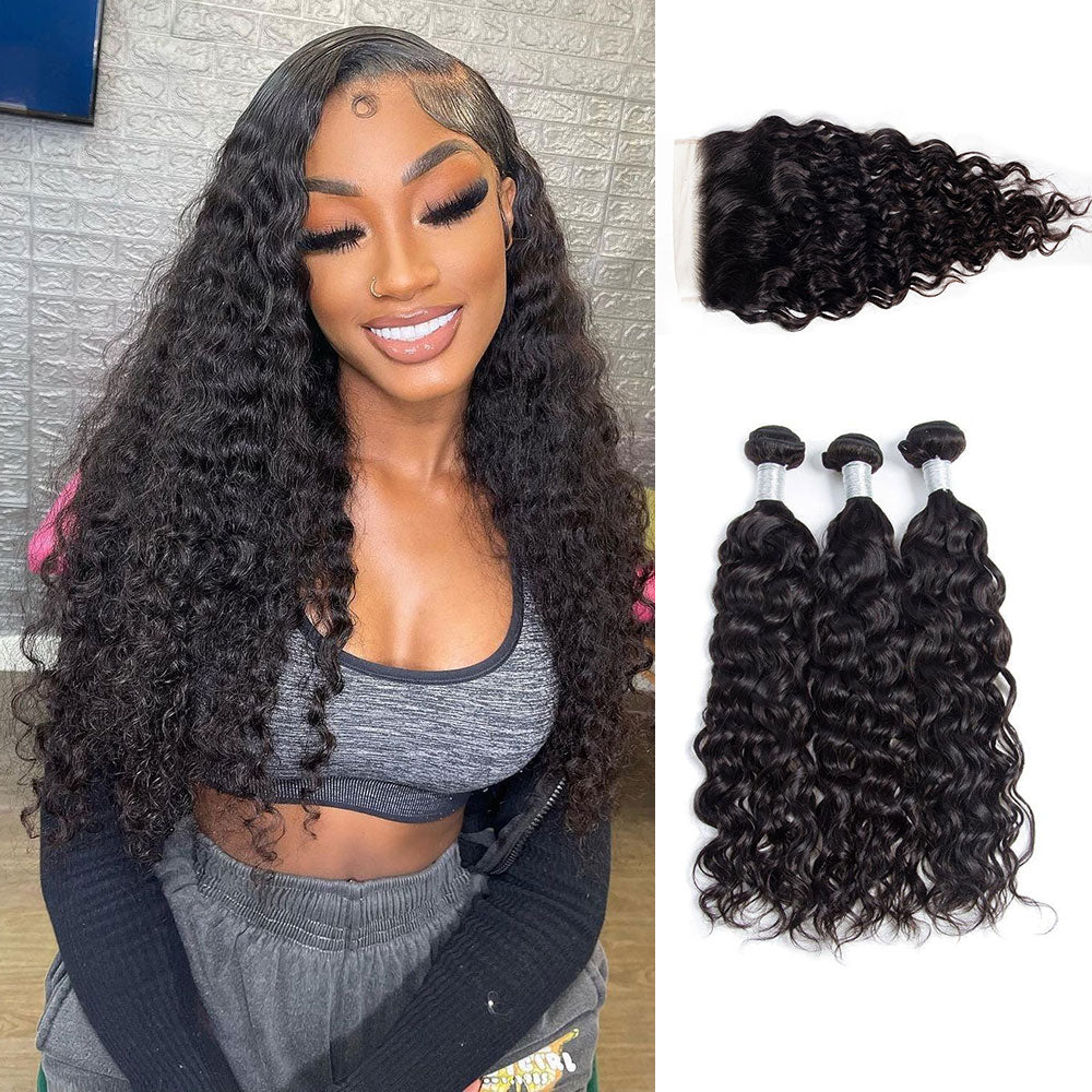 Peruvian Water Wave Hair 3 Bundles With 6X6 Lace Closure