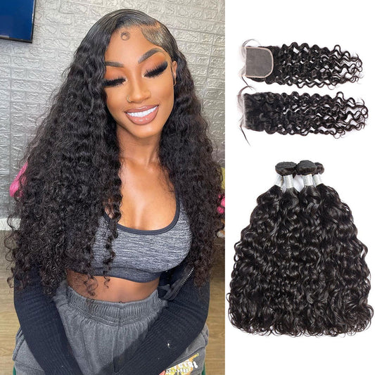 Peruvian Water Wave Hair 4 Bundles With 5X5 Lace Closure
