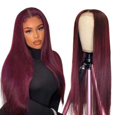 Modern Show Burgundy Red Colored Straight Hair Pre-Plucked Transparent Lace Front Human Hair Wig