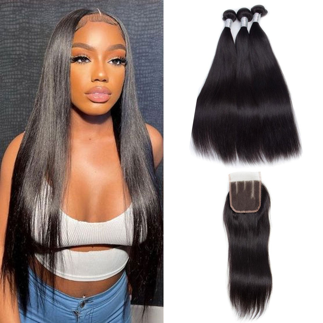 Modern Show Raw Indian Virgin Remy Human Hair Weave Straight 3 Bundles With Lace Closure