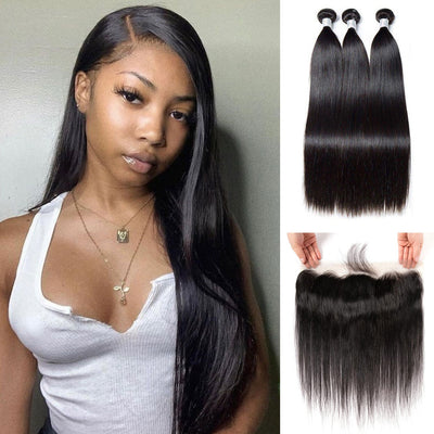 Straight 3 Human Hair Weave Bundles with Frontal Indian Unprocessed Virgin Hair