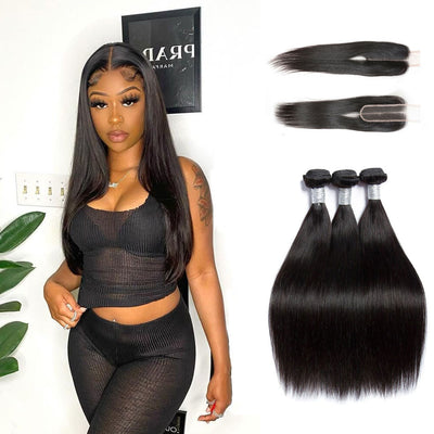 Straight Indian Hair 3 Bundles With 2X6 Closure