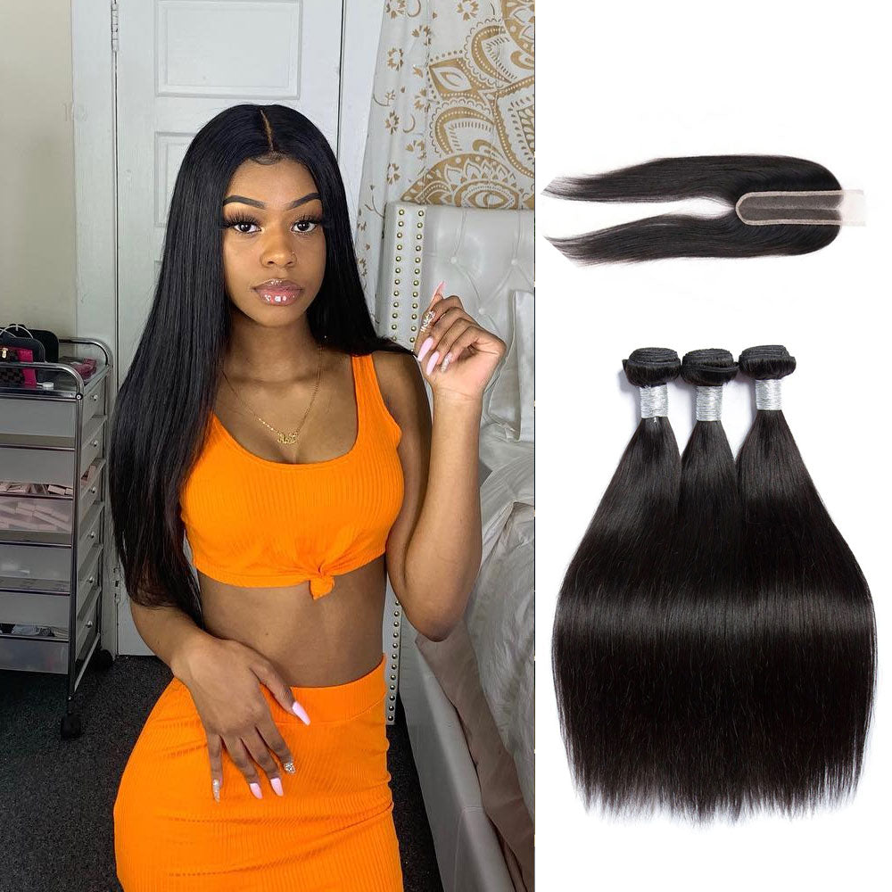 Malaysian Straight Hair 3 Bundles With 2X6 Closure
