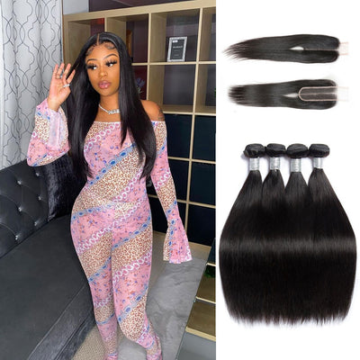 Peruvian Straight Hair 4 Bundles With 2X6 Closure