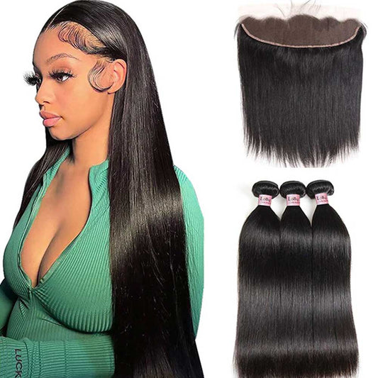 Straight 3 Human Hair Weave Bundles with Frontal Indian Unprocessed Virgin Hair