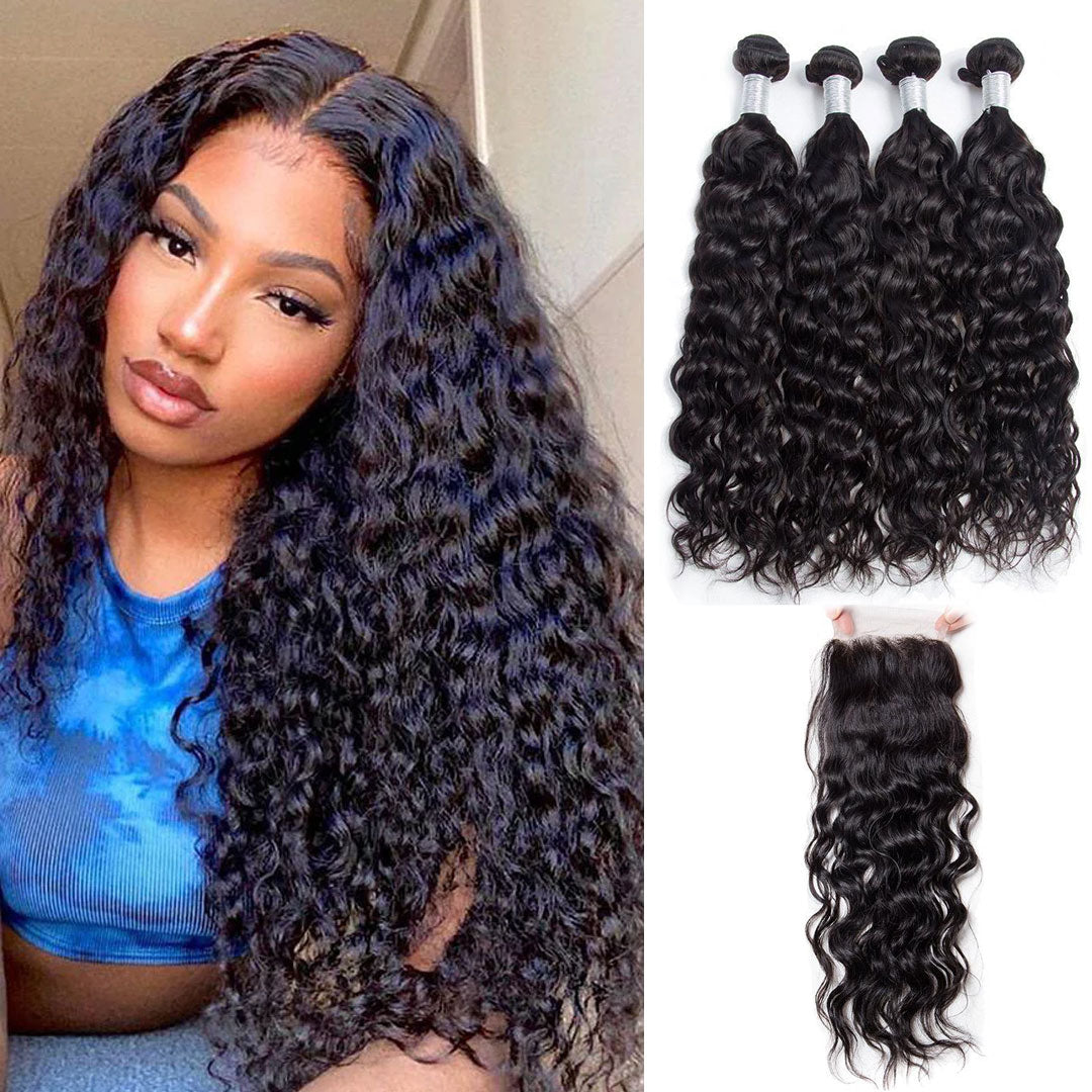 Modern Show Indian Virgin Hair Water Wave 4 Bundles With Closure Wet And Wavy Human Hair Weave