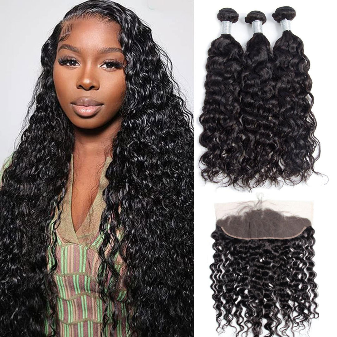 Wet & Wavy 3 Human Hair Weave Bundles with Frontal Indian Unprocessed Virgin Hair