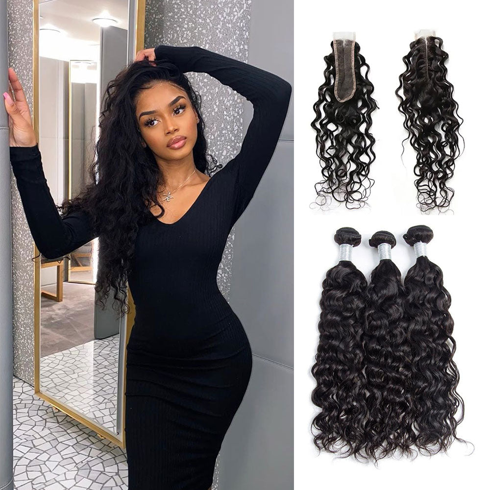 Peruvian Hair Water Wave 3 Bundles With 2X6 Closure