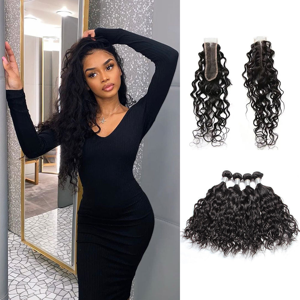 Peruvian Hair Water Wave 4 Bundles With 2X6 Closure