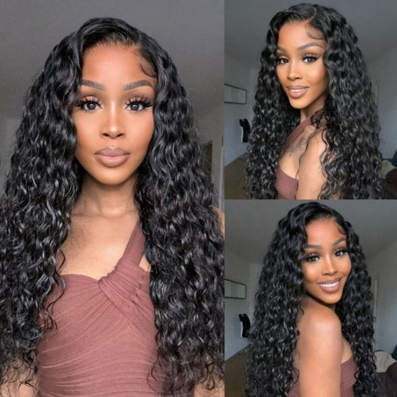 Glueless Transparent Lace Water Wave 360 Invisi-Drawstring Full Frontal Wig Pre Plucked Human Hair Wig