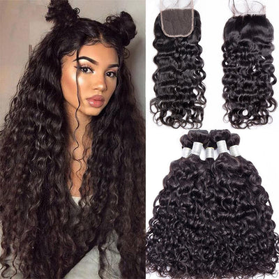 water wave 4 bundles with 4*4 lace closure with baby hair