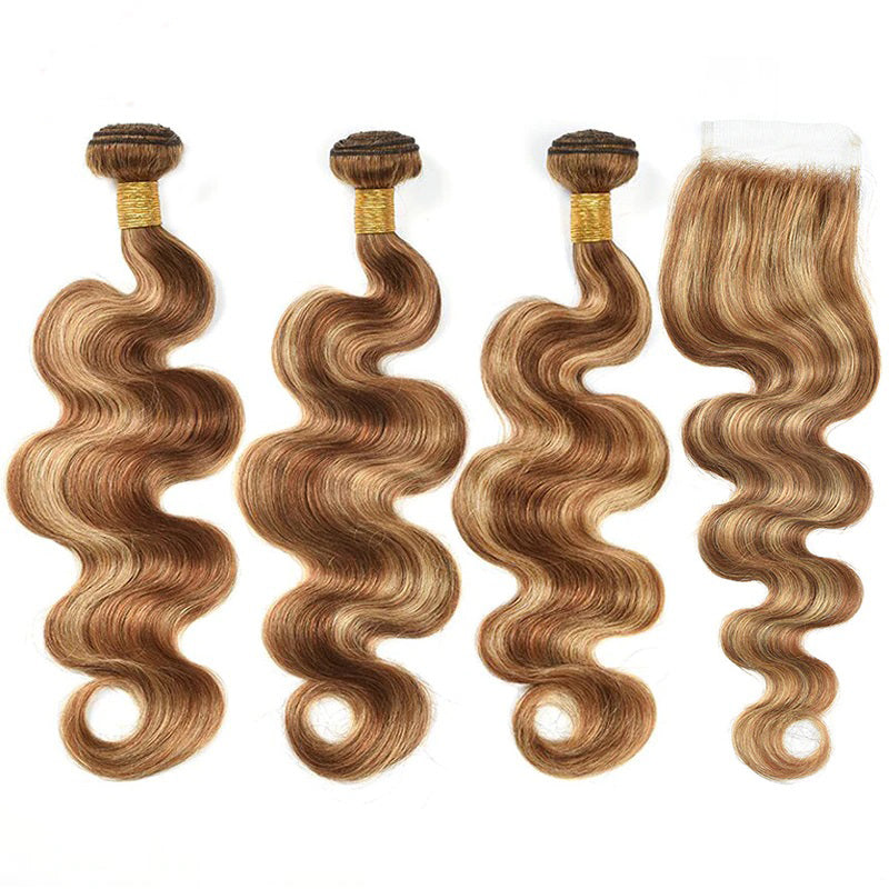 Highlight P4/27 Ombre Body Wave 3 Bundles With 4X4 Lace Closure 100% Real Human Hair