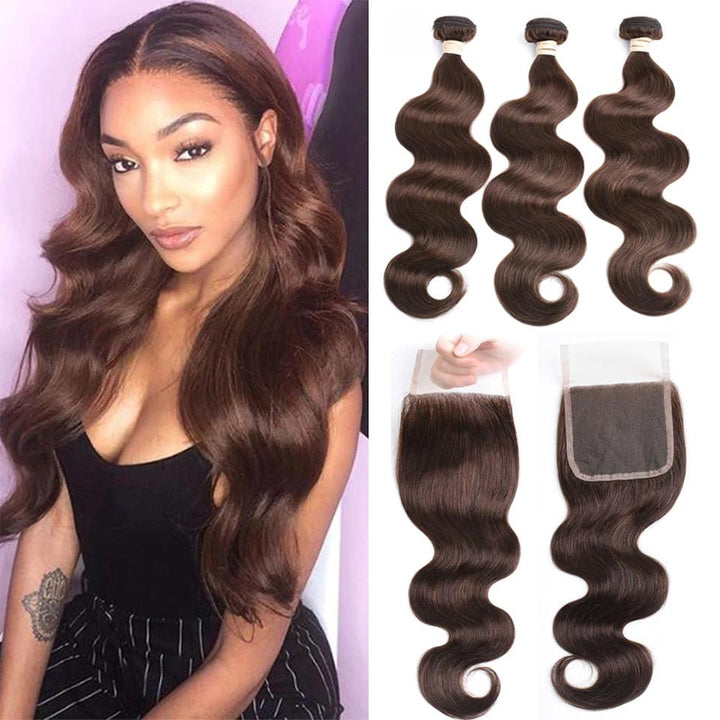 Chocolate Brown #4 Body Wave 3 Bundles With 4X4 Lace Closure 100