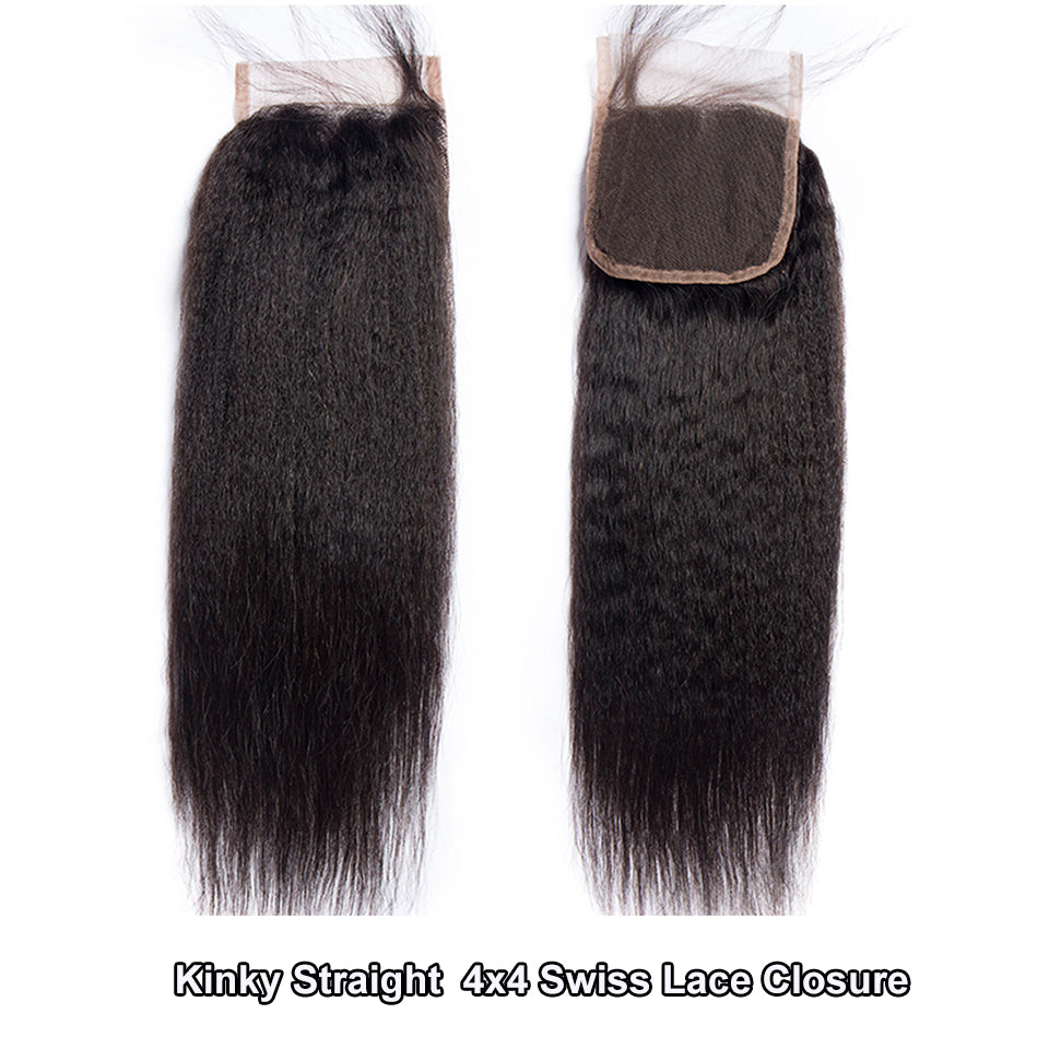 Kinky Straight Hair 4 Bundles with 4x4 Lace Closure 100% Real Human Hair Extensions