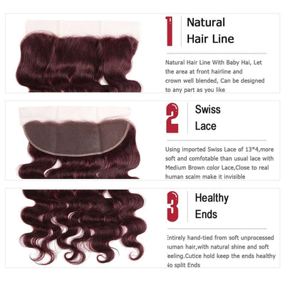 99J Burgundy Body Wave 3 Bundles With 13x4 Lace Frontal 100% Virgin Human Hair