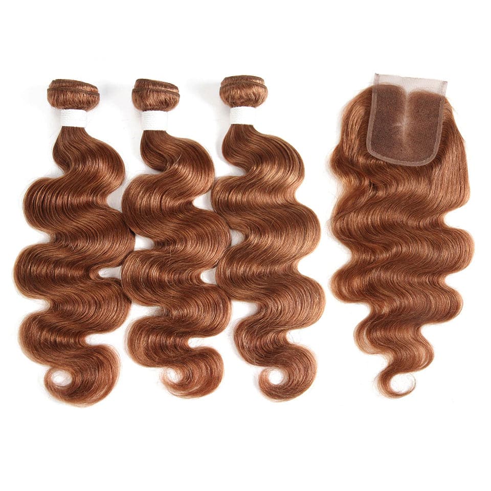 #30 Brown Body Wave 3 Bundles With Closure 4x4 pre Colored 100% Virgin human hair