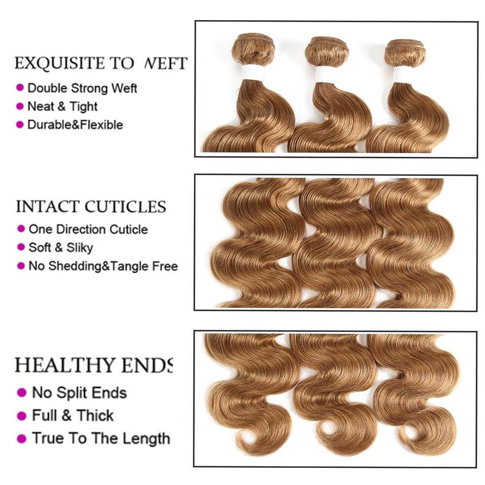 #27 Light Brown Body Wave 3 Bundles With 4x4 Lace Closure 100% Real Human Hair