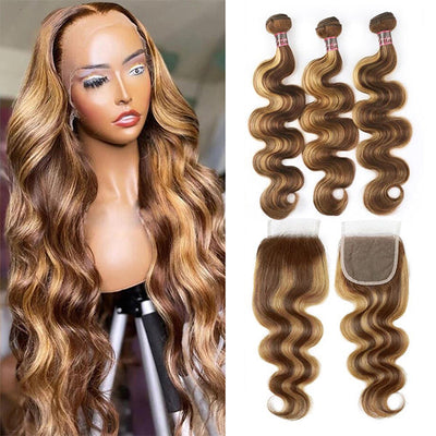 Highlight P4/27 Ombre Body Wave 3 Bundles With 4X4 Lace Closure 100% Real Human Hair