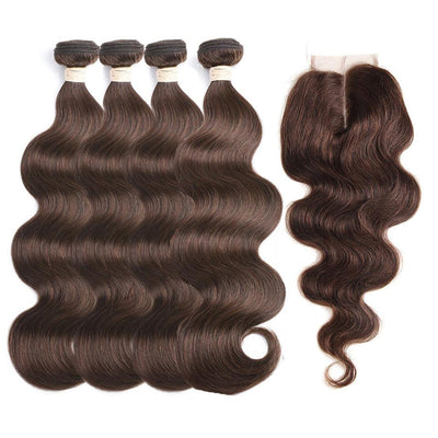 4 Dark Brown Body Wave 4 Bundles With 4x4 Lace Closure 100% Real Human Hair