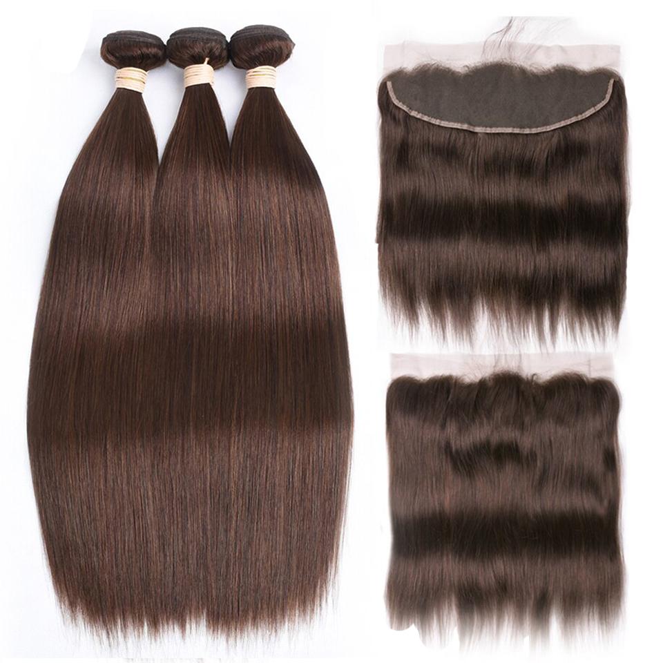 #4 Dark Chocolate Brown Straight 3 Bundles With 13x4 Lace Frontal 100% Real Human Hair