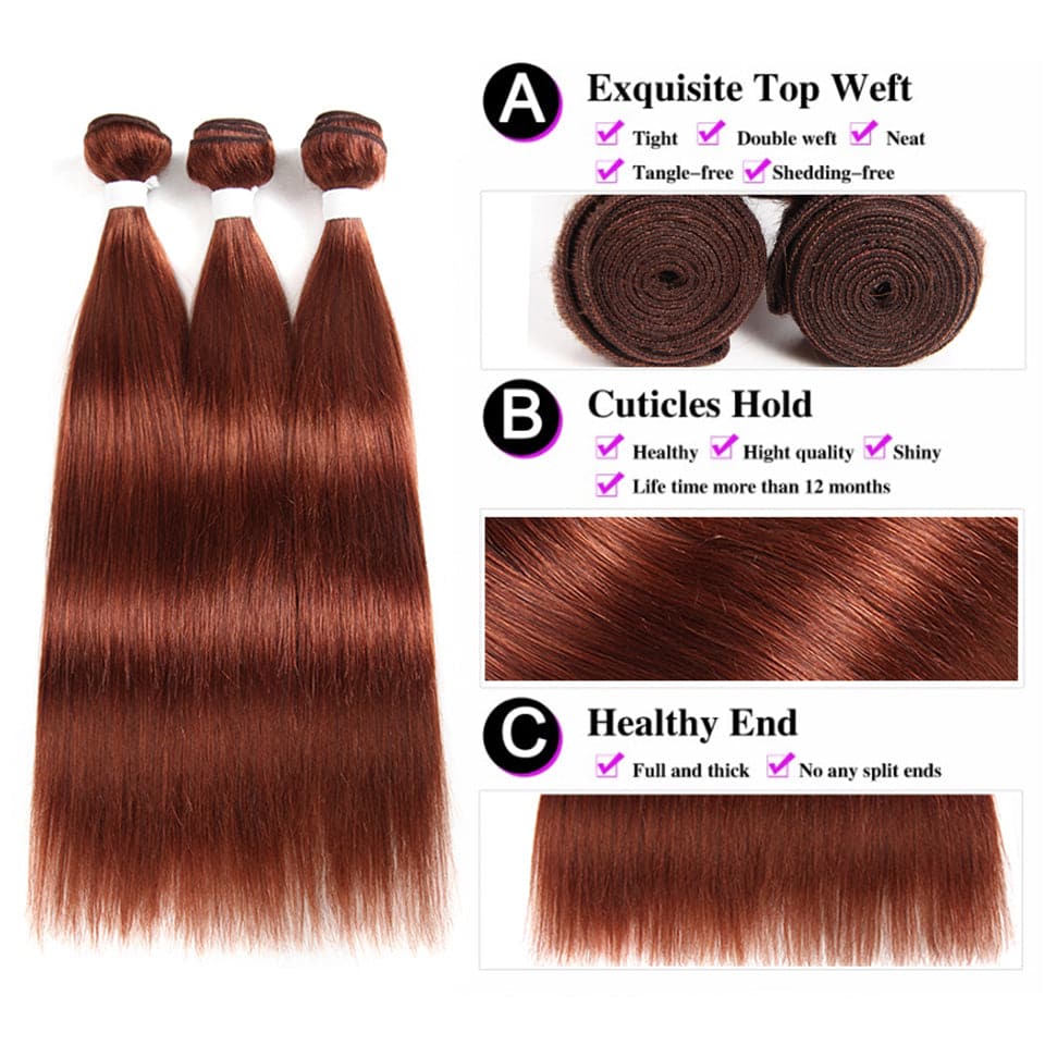#33 Dark Auburn 3 Bundles With Closure 4x4 pre-Colored 100% virgin human hair