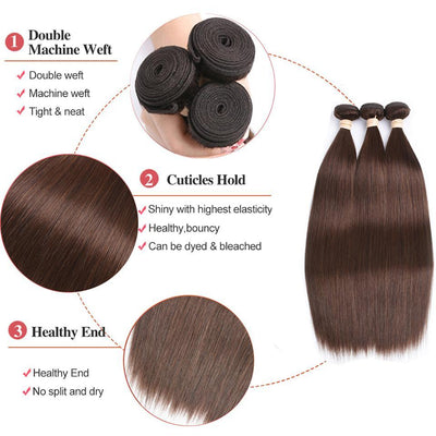 #4 Dark Chocolate Brown Straight 3 Bundles With 13x4 Lace Frontal 100% Real Human Hair