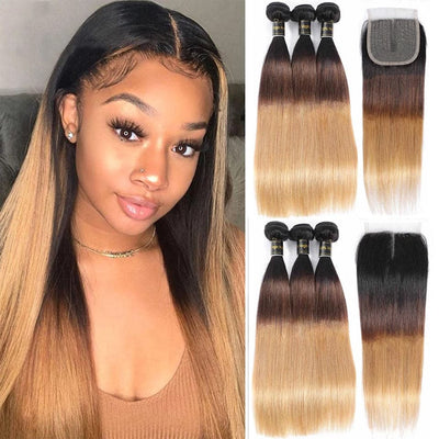 Ombre 1b/4/27 Straight 3 Bundles with 4X4 lace Closure 100% Real Human Hair