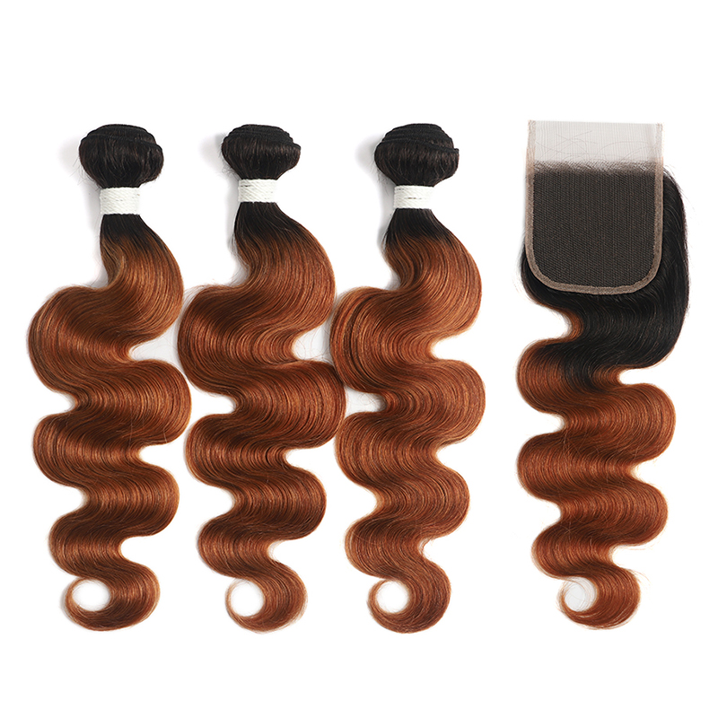 Ombre 1B/30 Body Wave 3 Bundles With Closure 4x4 pre Colored 100% Virgin Human Hair
