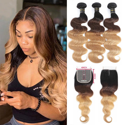 Ombre 1b/4/27 Body Wave 3 Bundles with 4X4 lace Closure 100% Real Human Hair