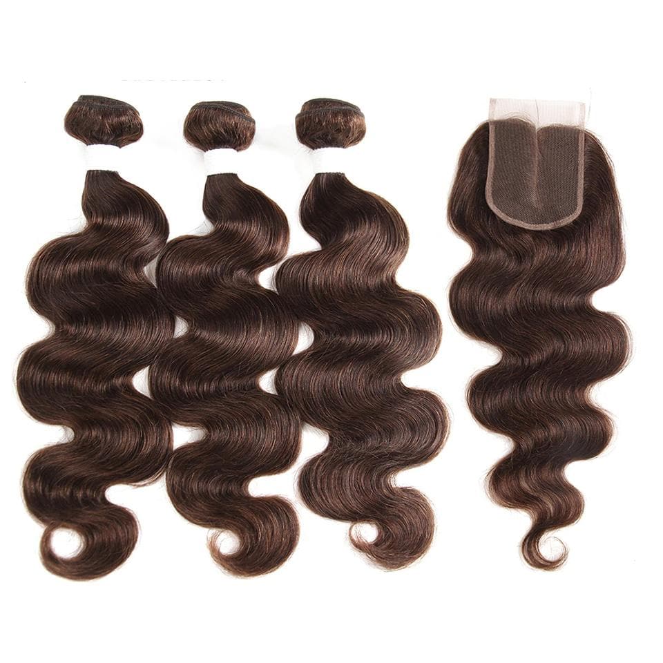 4 Dark Brown Body Wave 4 Bundles With 4x4 Lace Closure 100% Real Human Hair