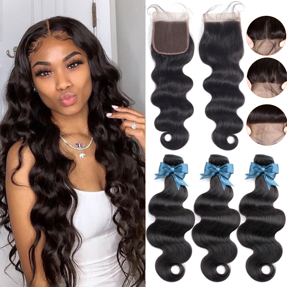 Brazilian Hair Body Wave 3 Bundles With 4x4 Closure 100% Human Hair Extension